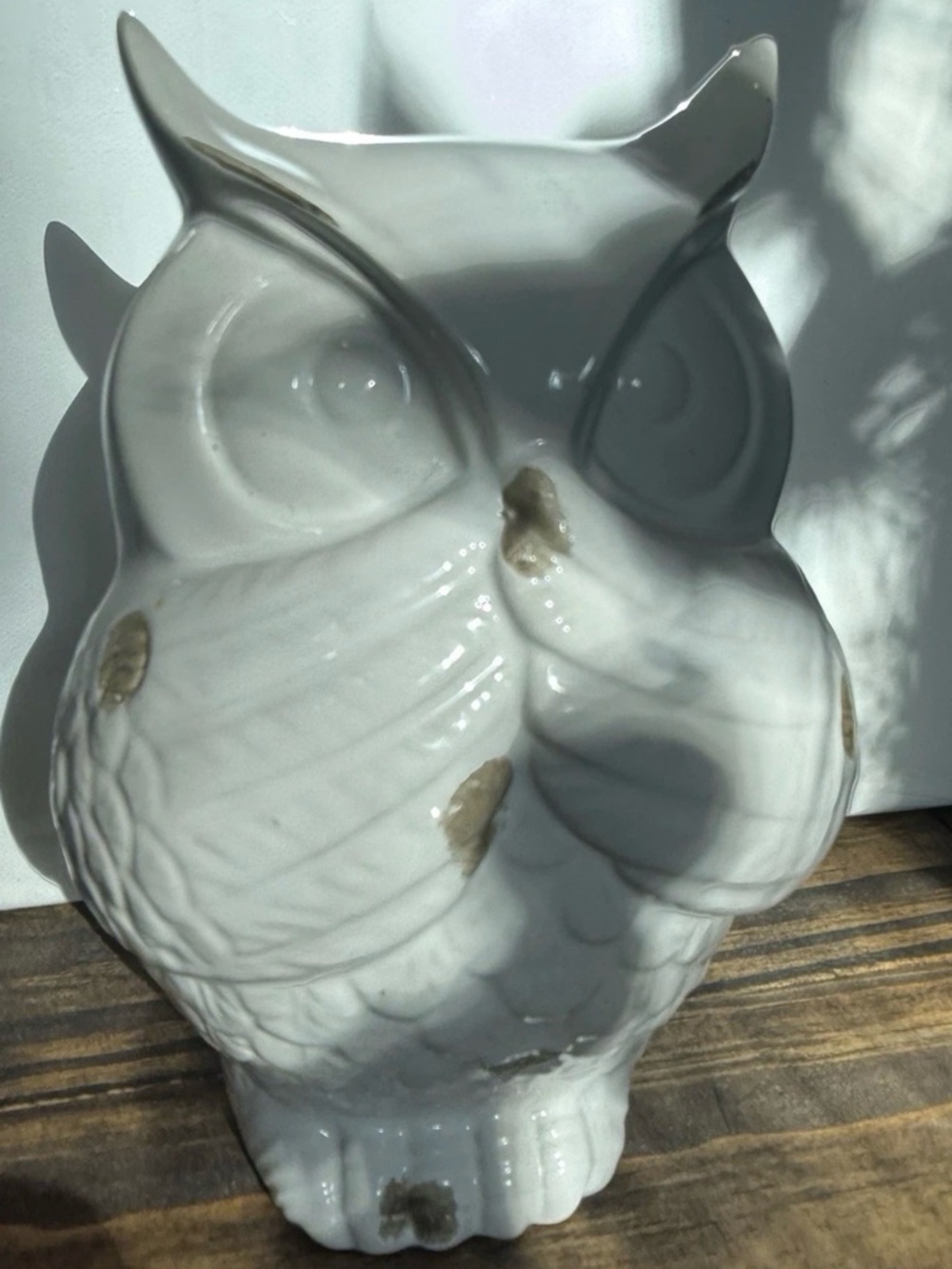 Glossy White Ceramic Owl Accent Distressed Shabby Chic Design